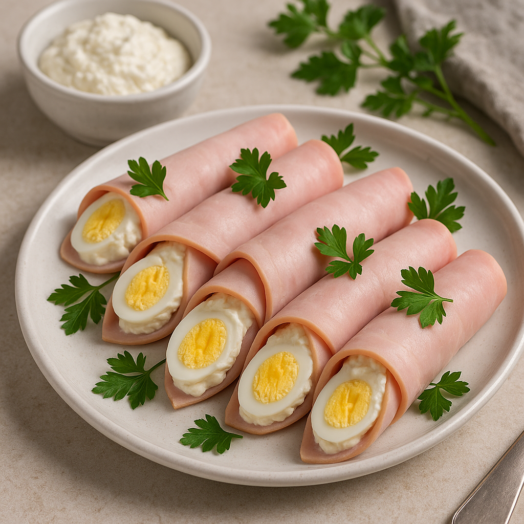 Szynkowe roladki zawijane z kremem chrzanowym i jajkami