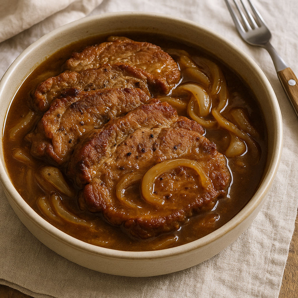 Duszona karkówka w sosie własnym z cebulą