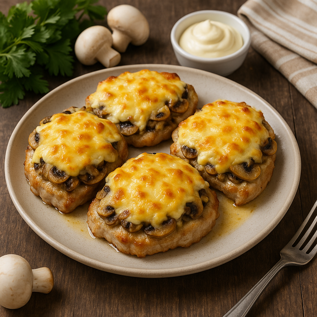 Schab z pieczarkami pod pierzynką z majonezu i żółtego sera