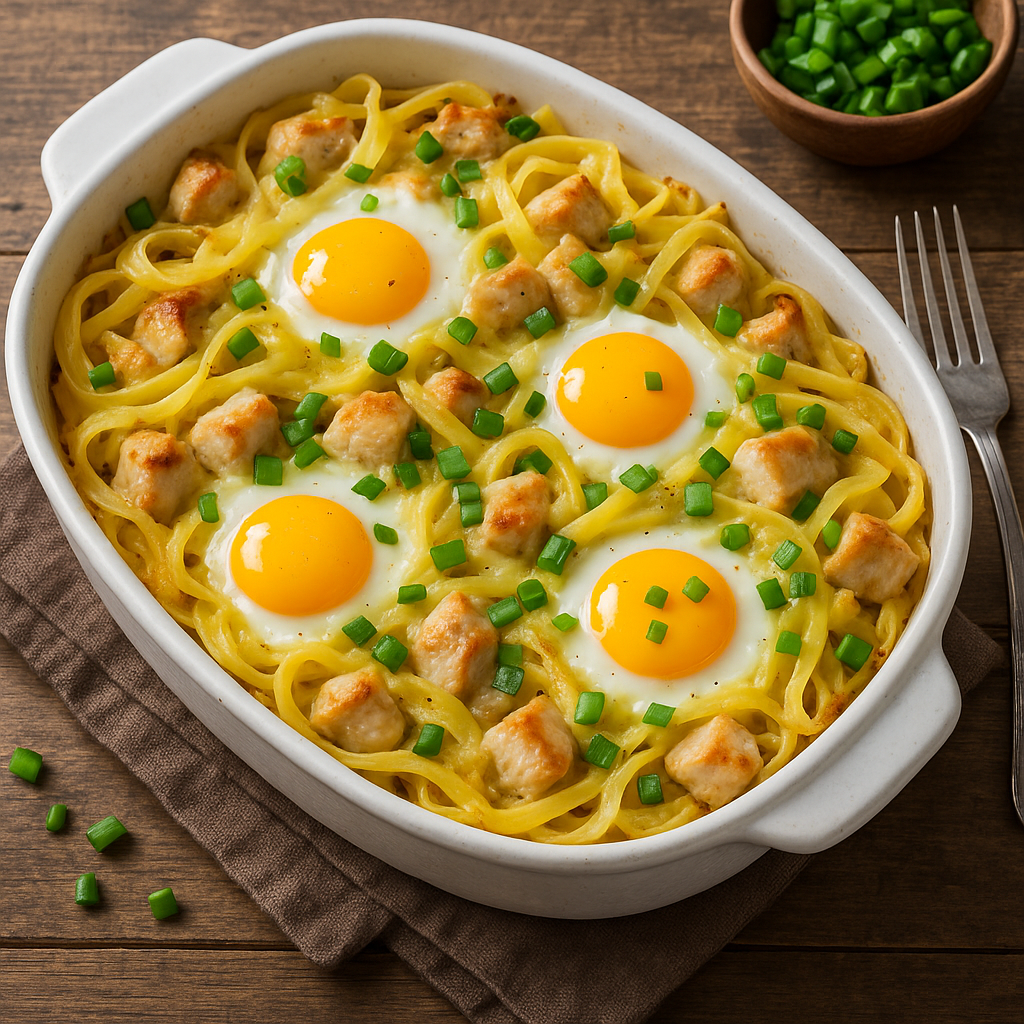 Zapiekane tagliatelle z kurczakiem, jajkiem i szczypiorem