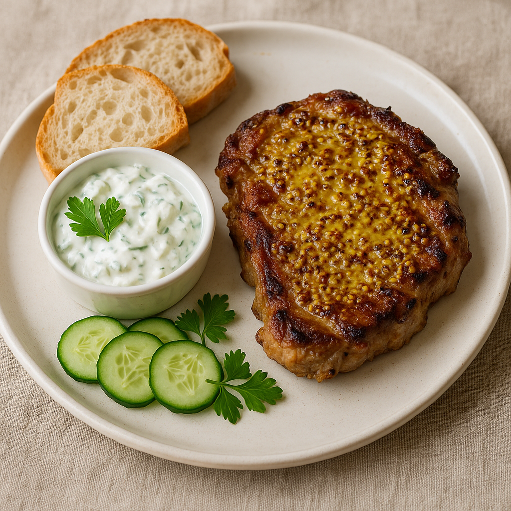 Karkówka z musztardą francuską i tzatzikami