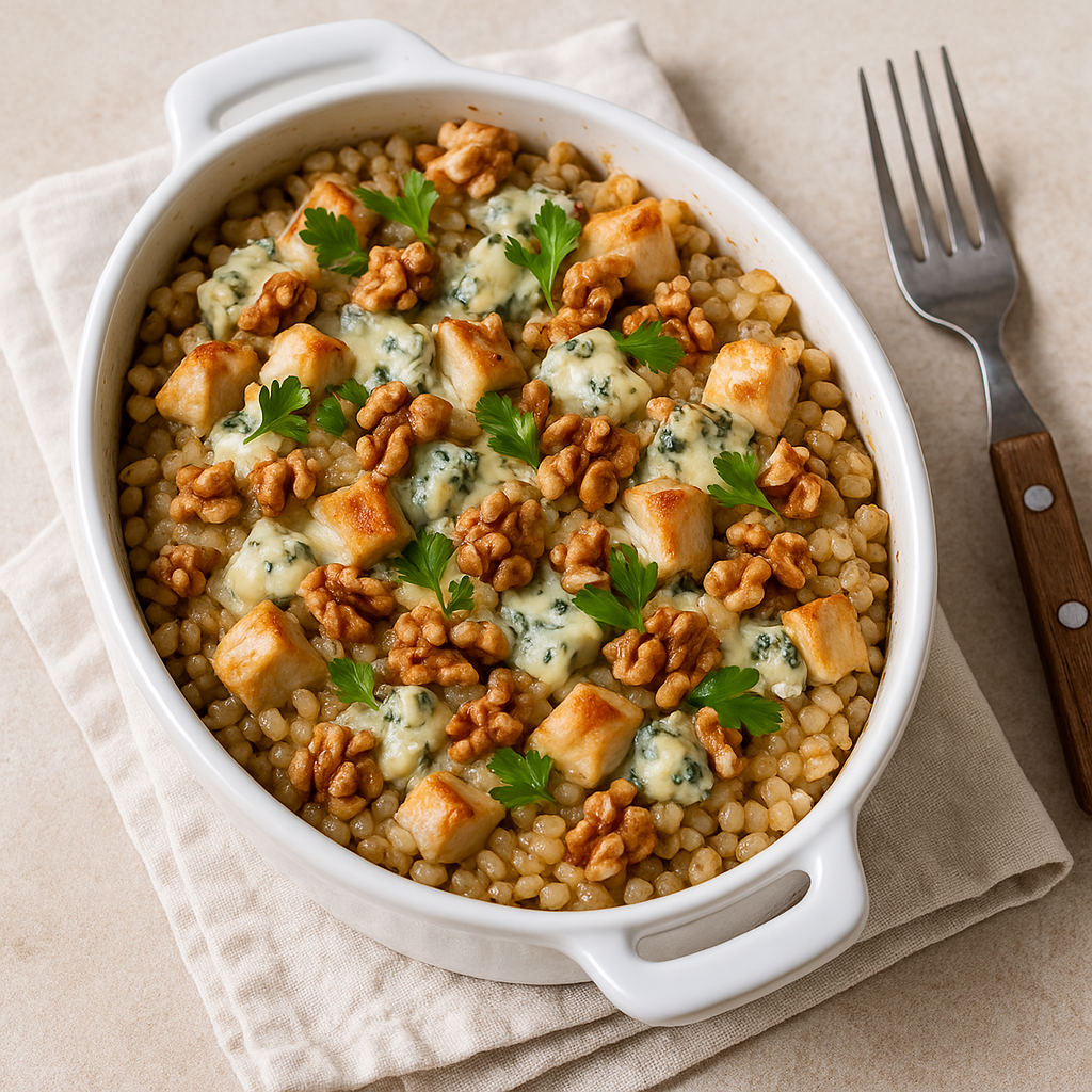 Zapiekany pęczak z kurczakiem, serem pleśniowym i orzechami