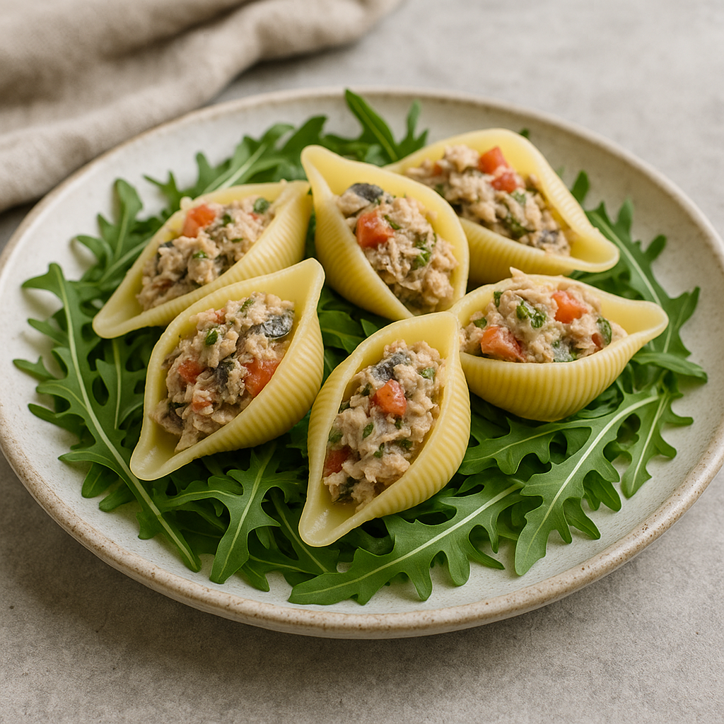 Makaronowe muszle z sałatką z makreli na rukoli