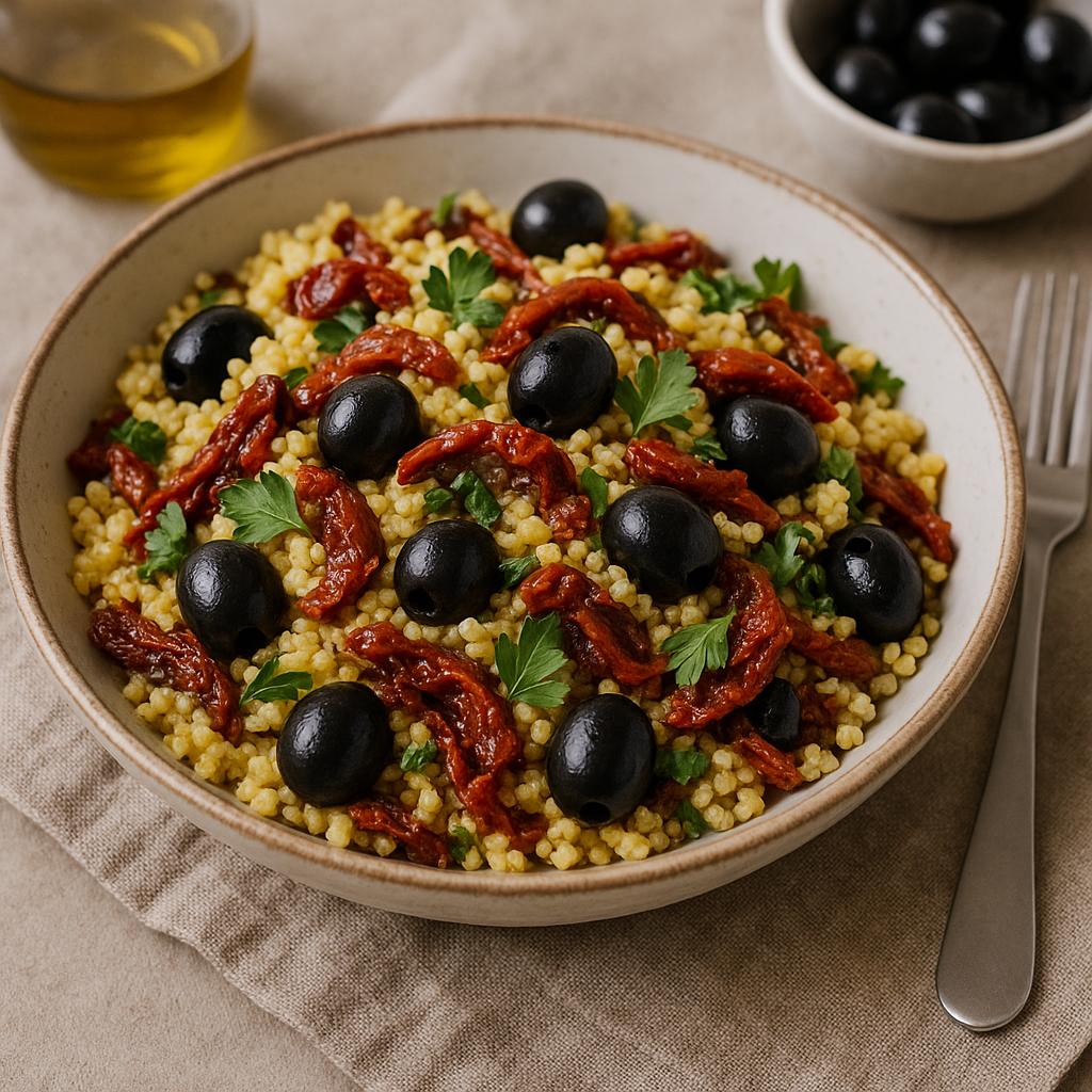 Sałatka z kaszy jaglanej z suszonymi pomidorami i oliwkami