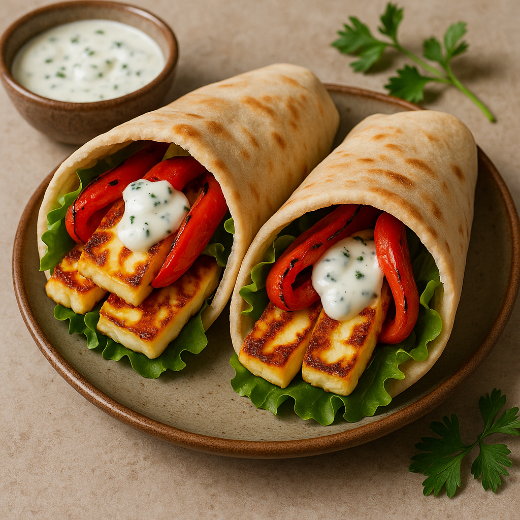 Greckie pity z grillowaną papryką, serem Halloumi i sosem czosnkowym